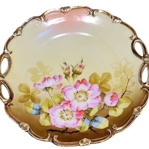 Vintage Hand Painted Porcelain Plate Signed Artist Fischer Yellow Pink Rose Gold